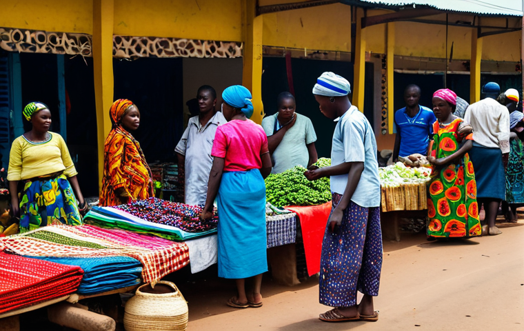 **

"A busy marketplace in Bangui, Central African Republic. Vendors are selling colorful fabrics and fresh produce. People are dressed in modest, everyday clothing, interacting and bargaining. Focus on the vibrant atmosphere and cultural richness, fully clothed, appropriate attire, safe for work, professional photography, perfect anatomy, natural proportions, family-friendly."

**