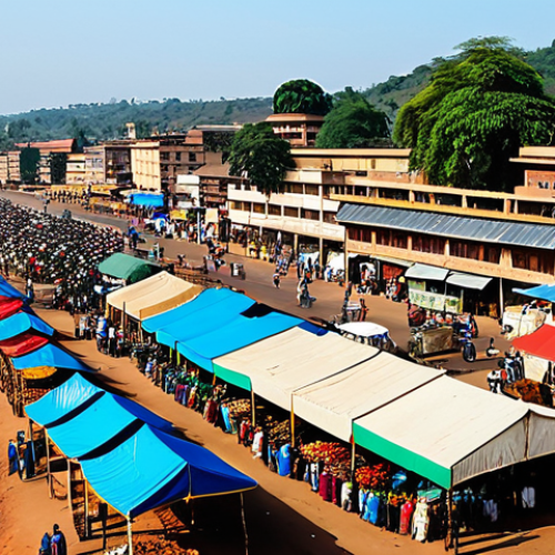 "A panoramic view of Bangui, the capital city of the Central African Republic, featuring bustling markets and the Ubangi River, appropriate content, safe for work, daytime, clear sky, professional photography, high quality, vibrant colors, fully clothed, modest attire, natural perspective."