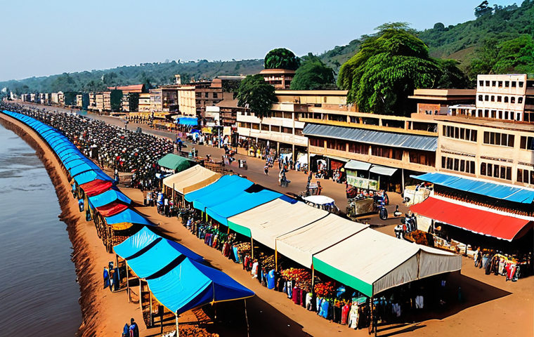 "A panoramic view of Bangui, the capital city of the Central African Republic, featuring bustling markets and the Ubangi River, appropriate content, safe for work, daytime, clear sky, professional photography, high quality, vibrant colors, fully clothed, modest attire, natural perspective."