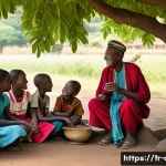 중앙아프리카 공화국 부족 언어 - A vibrant scene in a Central African village, depicting an elder, a dignified man or woman, with a w...
