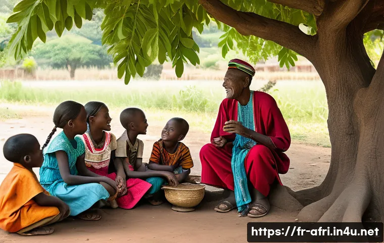 중앙아프리카 공화국 부족 언어 - A vibrant scene in a Central African village, depicting an elder, a dignified man or woman, with a w...