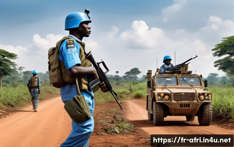 중앙아프리카 공화국 국제 관계 - A detailed illustration of a multinational peacekeeping operation in the Central African Republic, s...
