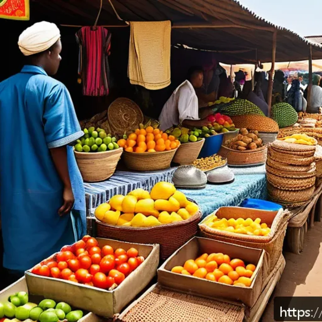 중앙아프리카 공화국 언어 장벽 극복법 - A vibrant Central African marketplace scene during daytime, bustling with diverse locals wearing col...