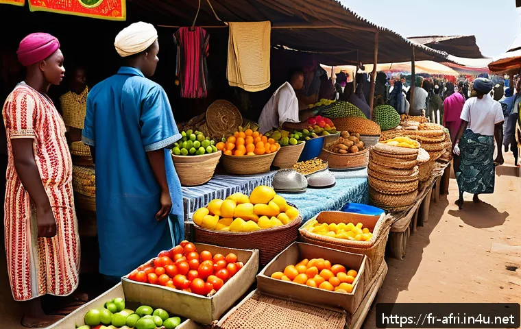 중앙아프리카 공화국 언어 장벽 극복법 - A vibrant Central African marketplace scene during daytime, bustling with diverse locals wearing col...