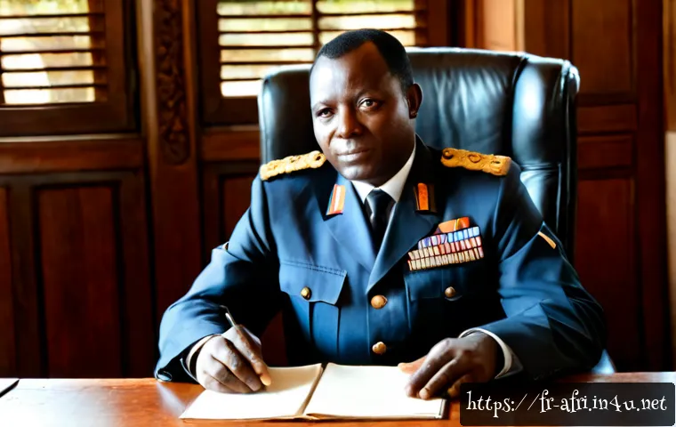 중앙아프리카 공화국 안드레 콜링바 생애 - Photorealistic historical portrait of André Kolingba, Central African political leader, seated at a ...