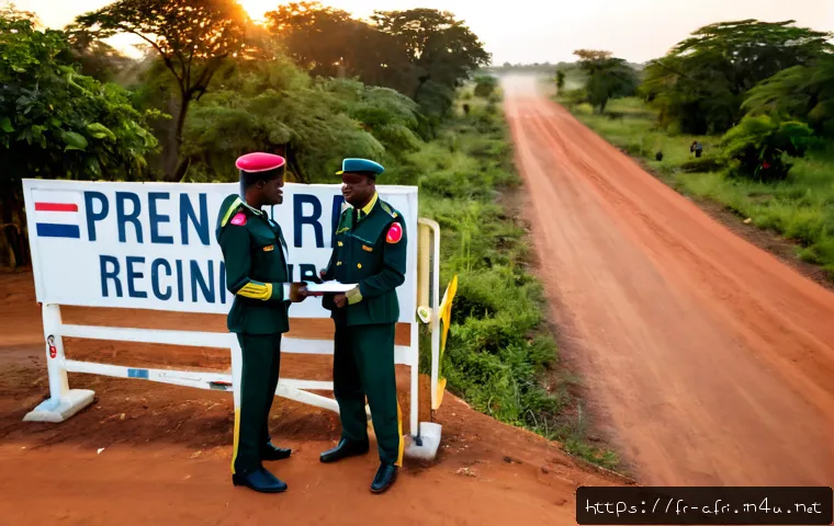 Home 30 중앙아프리카 공화국 국경 갈등 - Photorealistic wide shot of a peaceful Central African border checkpoint at sunrise, two uniformed A...