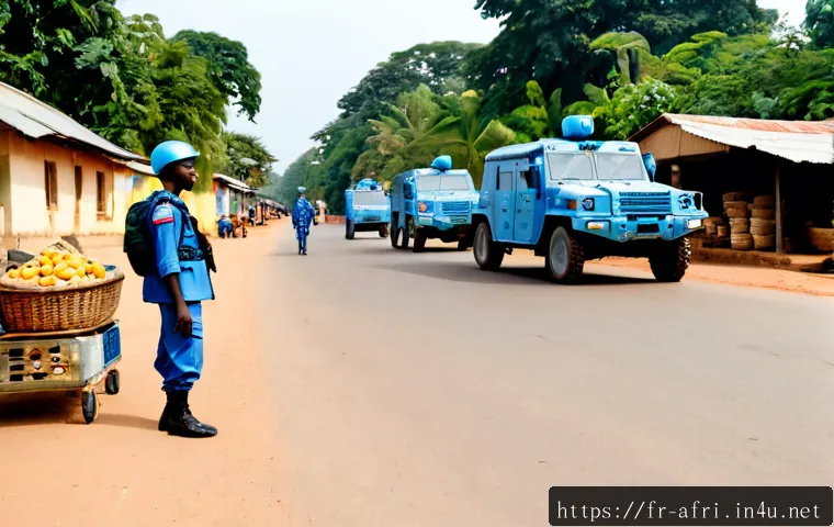 중앙아프리카 공화국에서 발생한 주요 사건 - Photorealistic documentary-style scene of a Central African Republic peacekeeping patrol in Bangui, ...